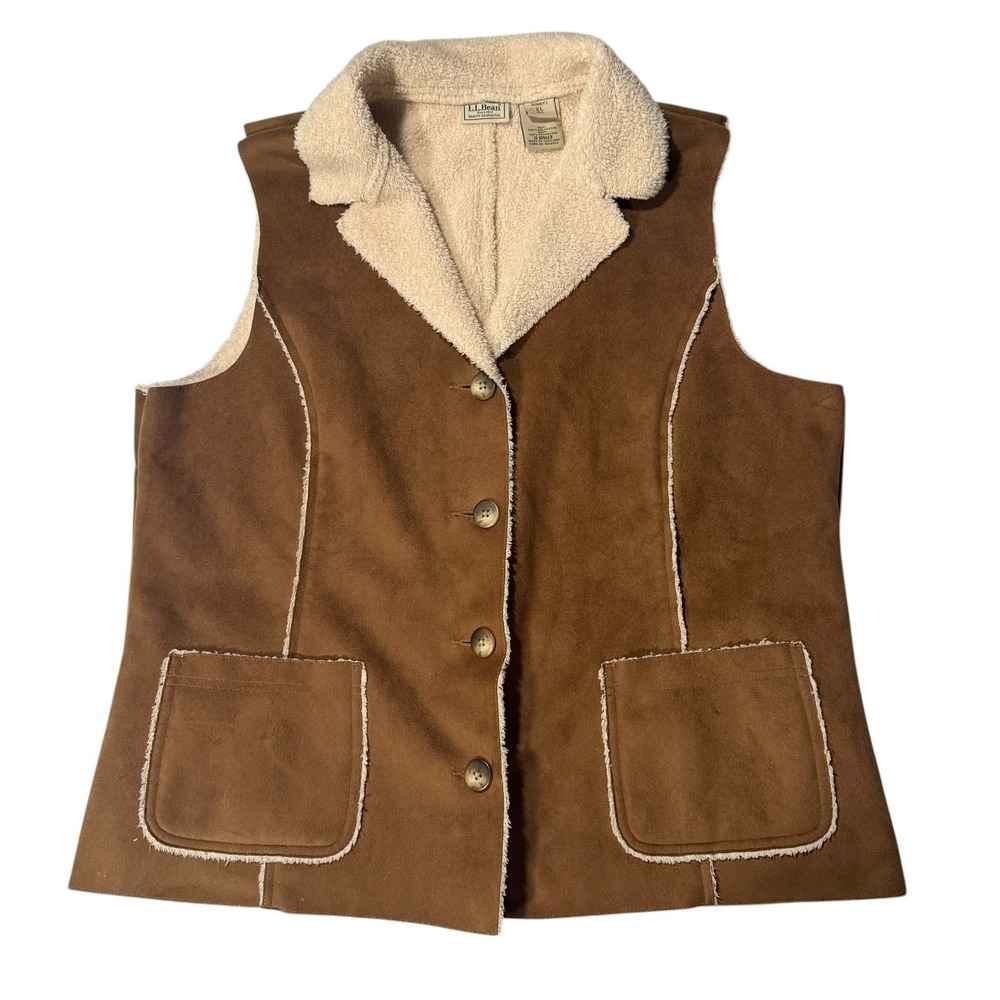 L.L.Bean Sherpa Lined Vest Womens XL Brown Faux Suede Western Button Outdoor